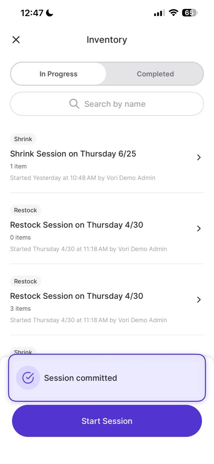 Inventory sessions list with a Session committed banner confirming the changes were applied