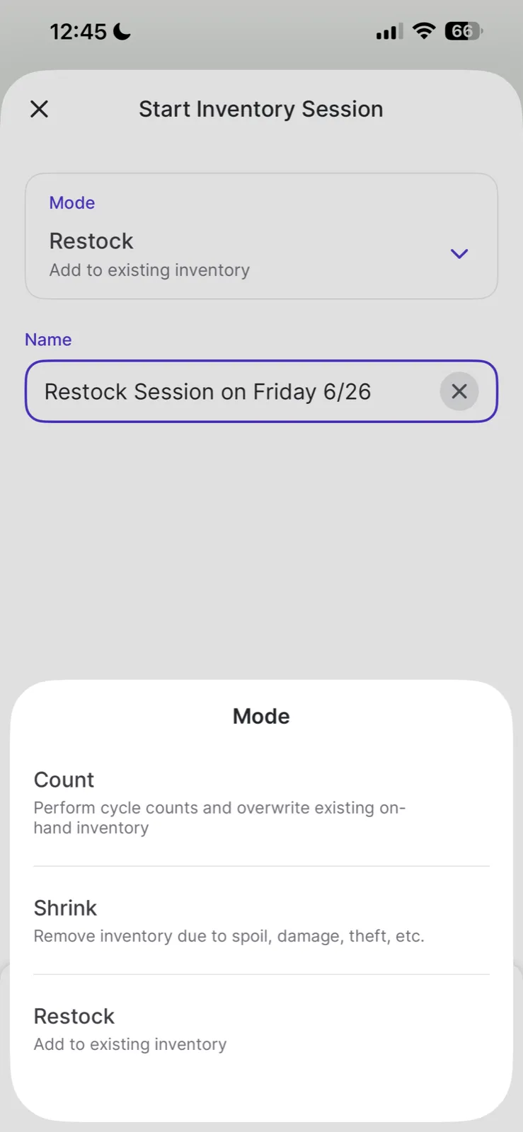Start Inventory Session screen with the mode picker open, showing Count, Shrink, and Restock options
