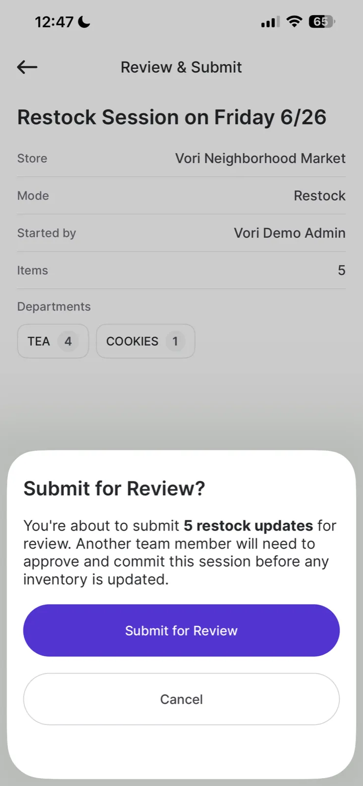 Submit for Review confirmation modal explaining that a team member must approve before inventory is updated