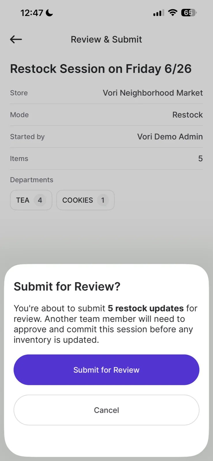 Submit for Review confirmation modal explaining that a team member must approve before inventory is updated