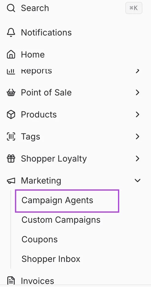 Back Office side menu with Marketing expanded and Campaign Agents highlighted