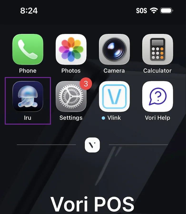 Vori POS home screen with the Iru app highlighted