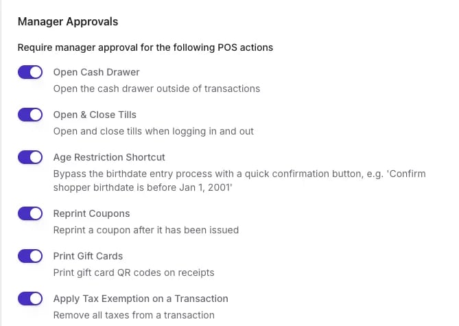 Manager Approvals settings in POS Settings showing toggles for Open Cash Drawer, Open & Close Tills, Age Restriction Shortcut, Reprint Coupons, Print Gift Cards, and Apply Tax Exemption on a Transaction
