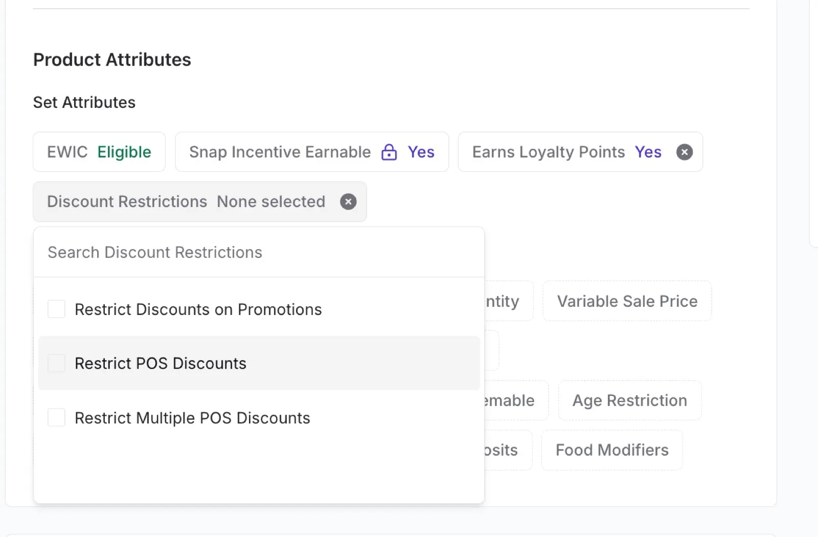 Discount Restrictions dropdown in the Set Attributes section showing the three restriction options