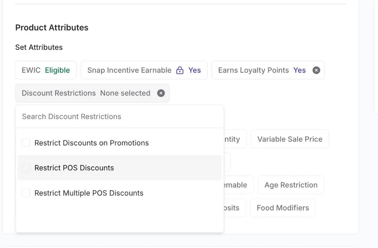 Discount Restrictions dropdown in the Set Attributes section showing the three restriction options