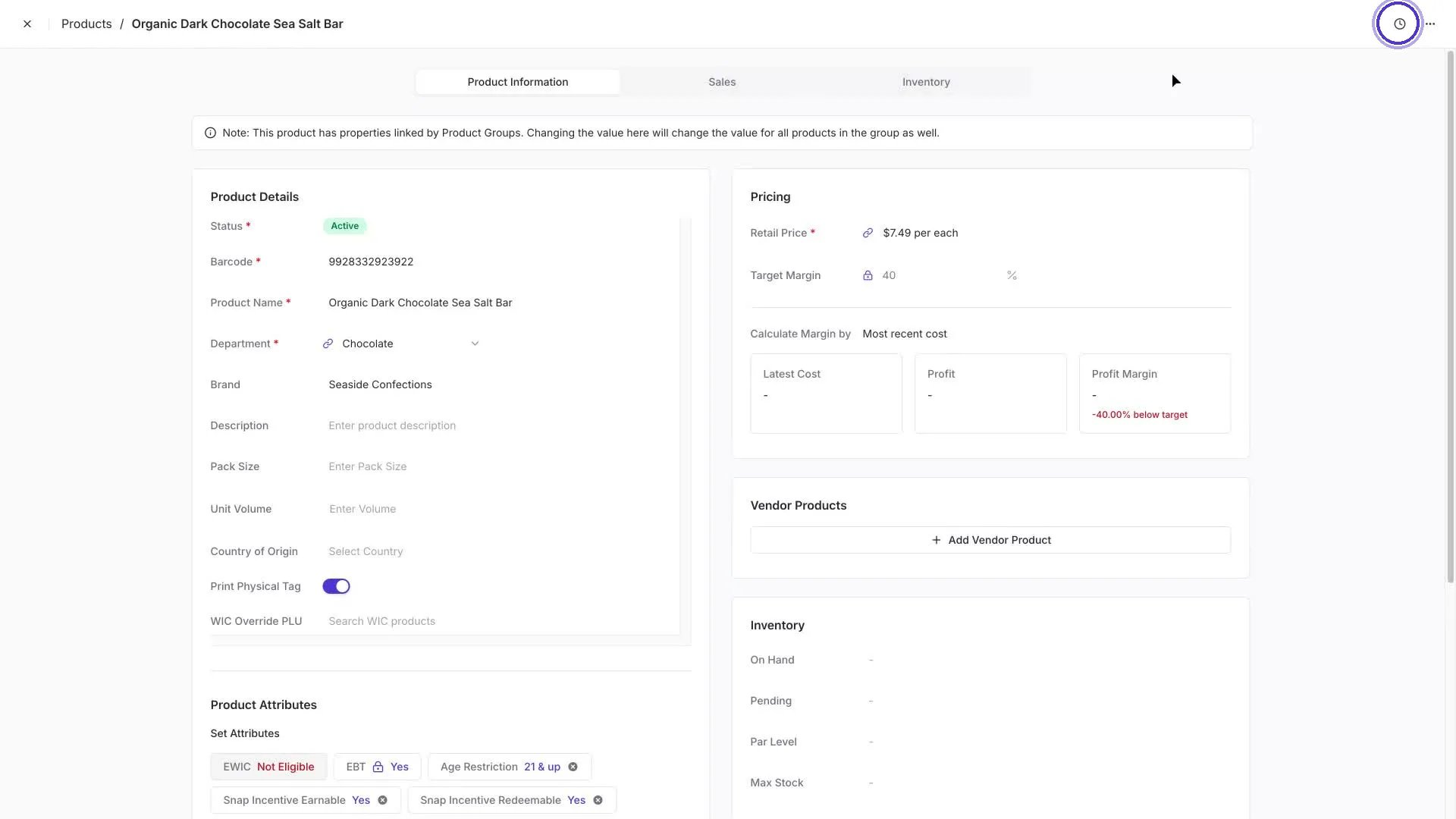 Product detail page with the clock-icon History button highlighted in the top-right of the page header