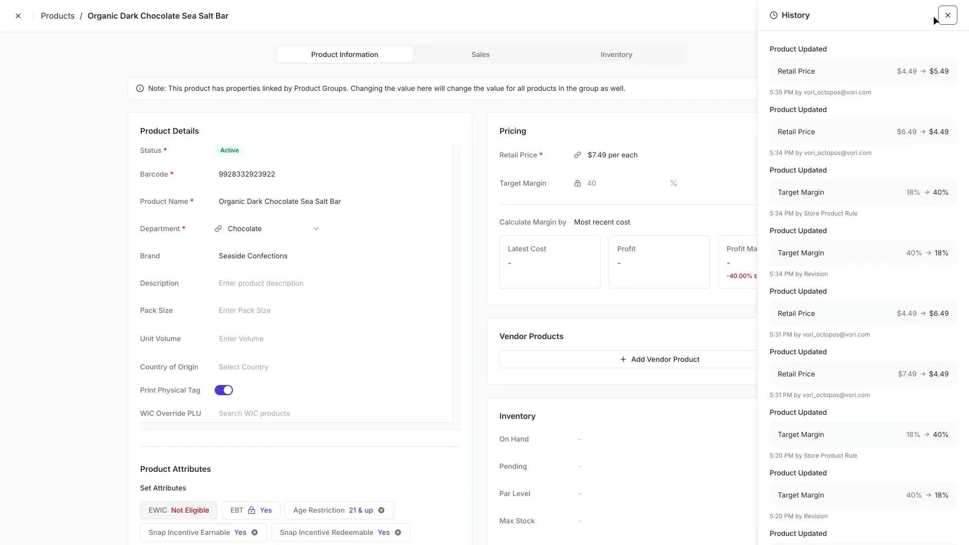 Product detail page with the History panel open on the right, showing entries grouped by date with a timestamp and source for each change
