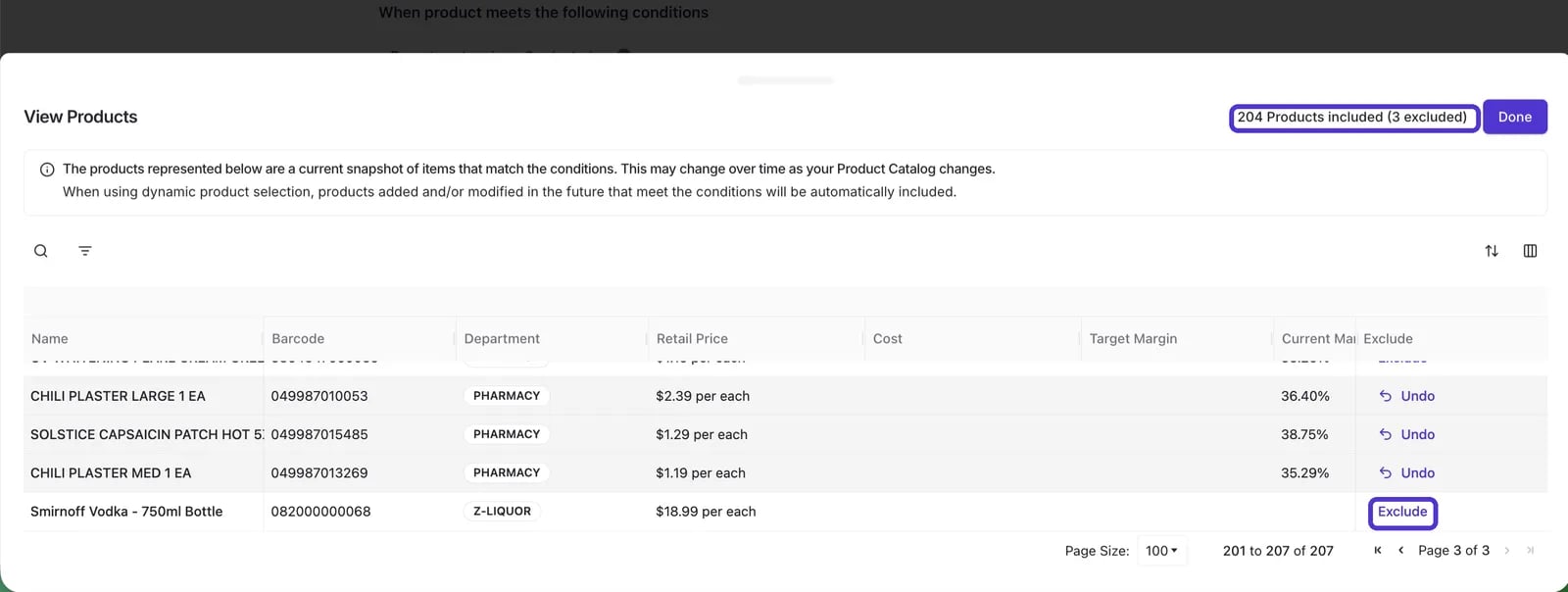 View Products list with the included and excluded product count highlighted and the Exclude link highlighted on a product row