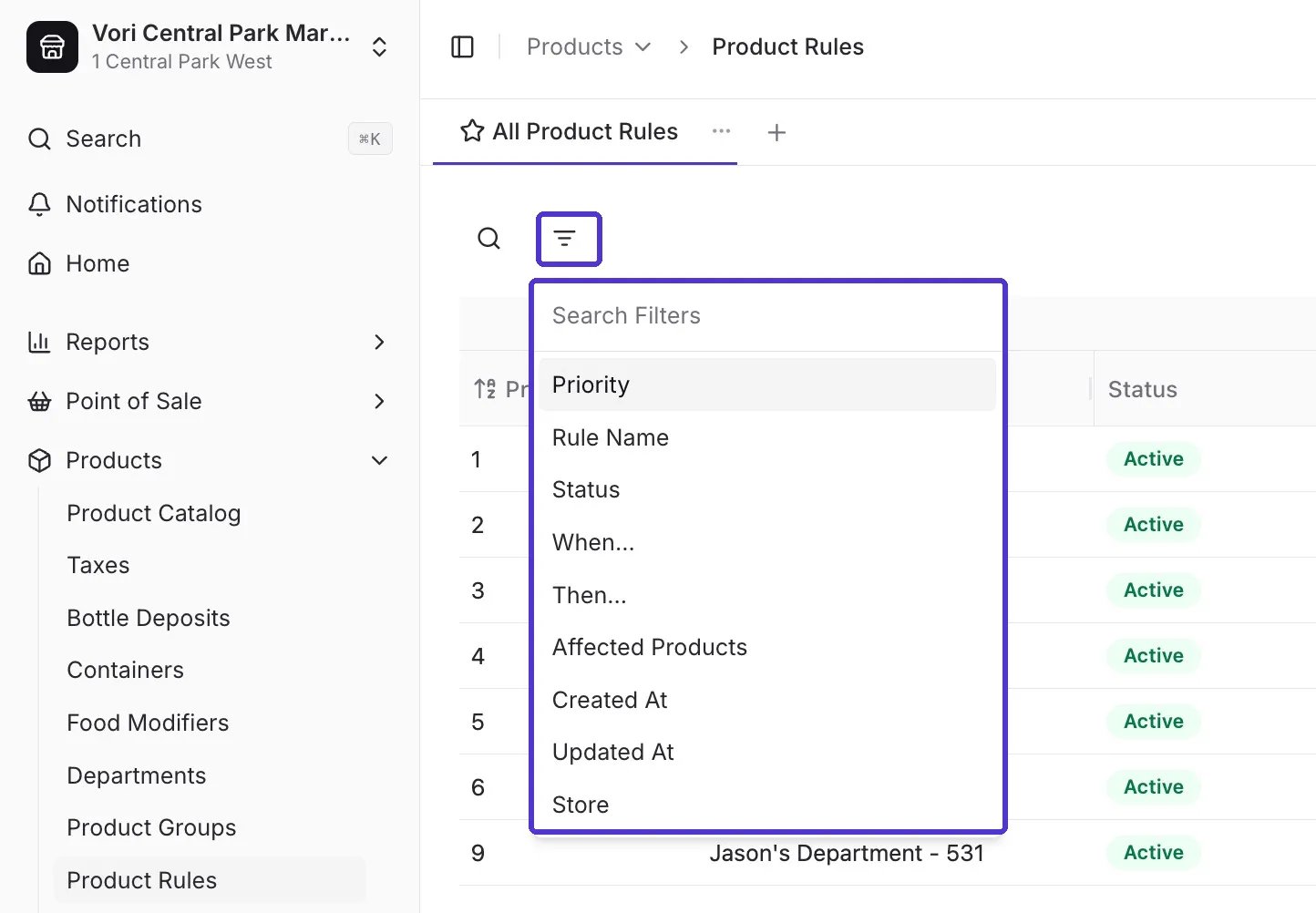Product Rules filter menu showing the fields you can filter by, including Priority, Rule Name, Status, When, Then, and Affected Products