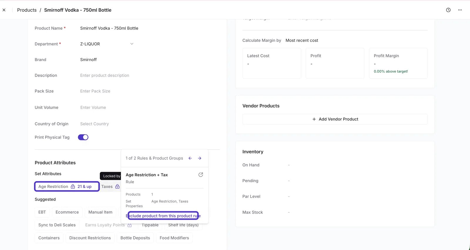 Product detail page with a locked Age Restriction attribute and the Exclude product from this product rule link highlighted