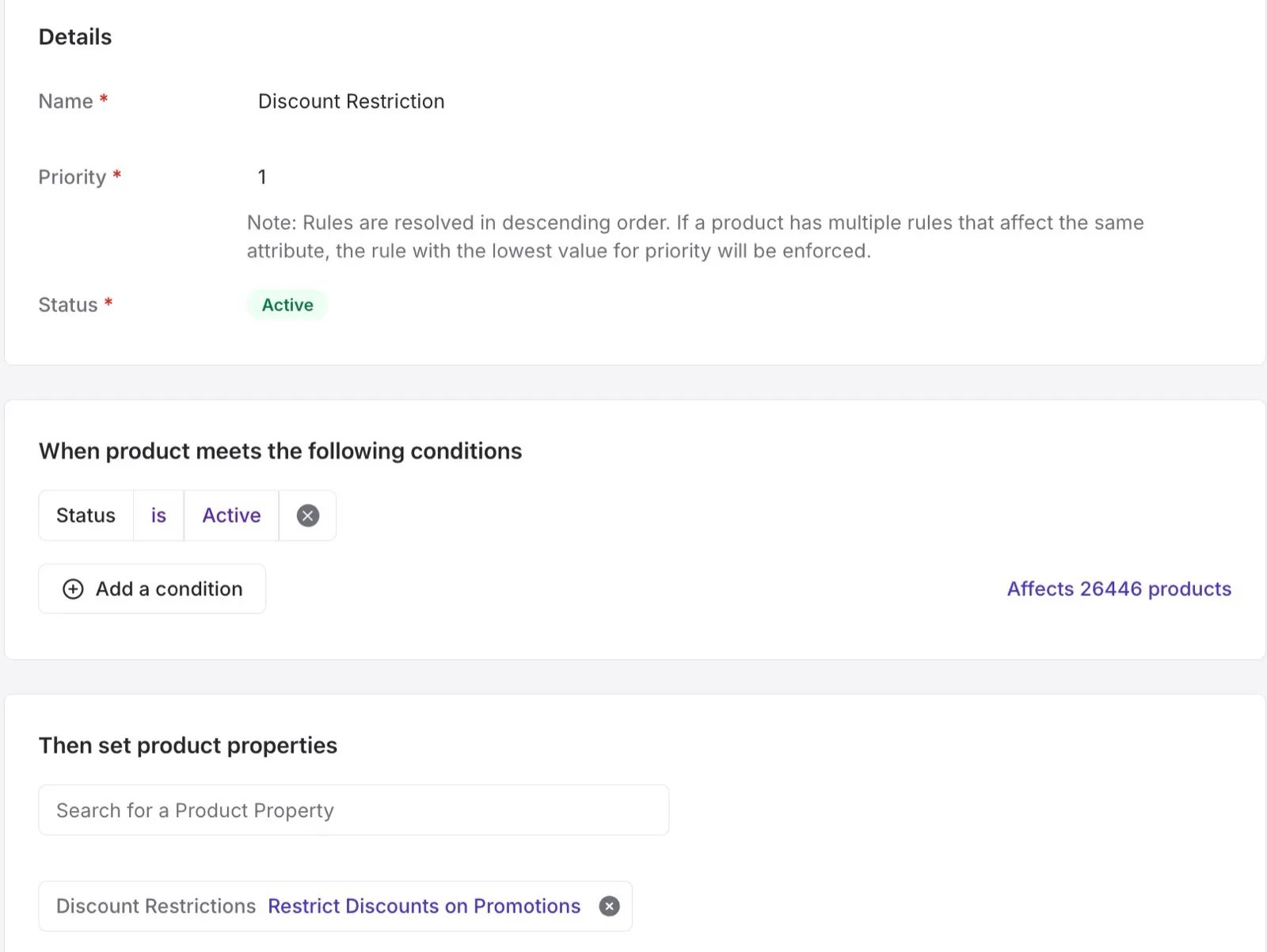 Product rule with the condition set to Status is Active, affecting 26,446 products, with Discount Restrictions set to Restrict Discounts on Promotions in the Then section