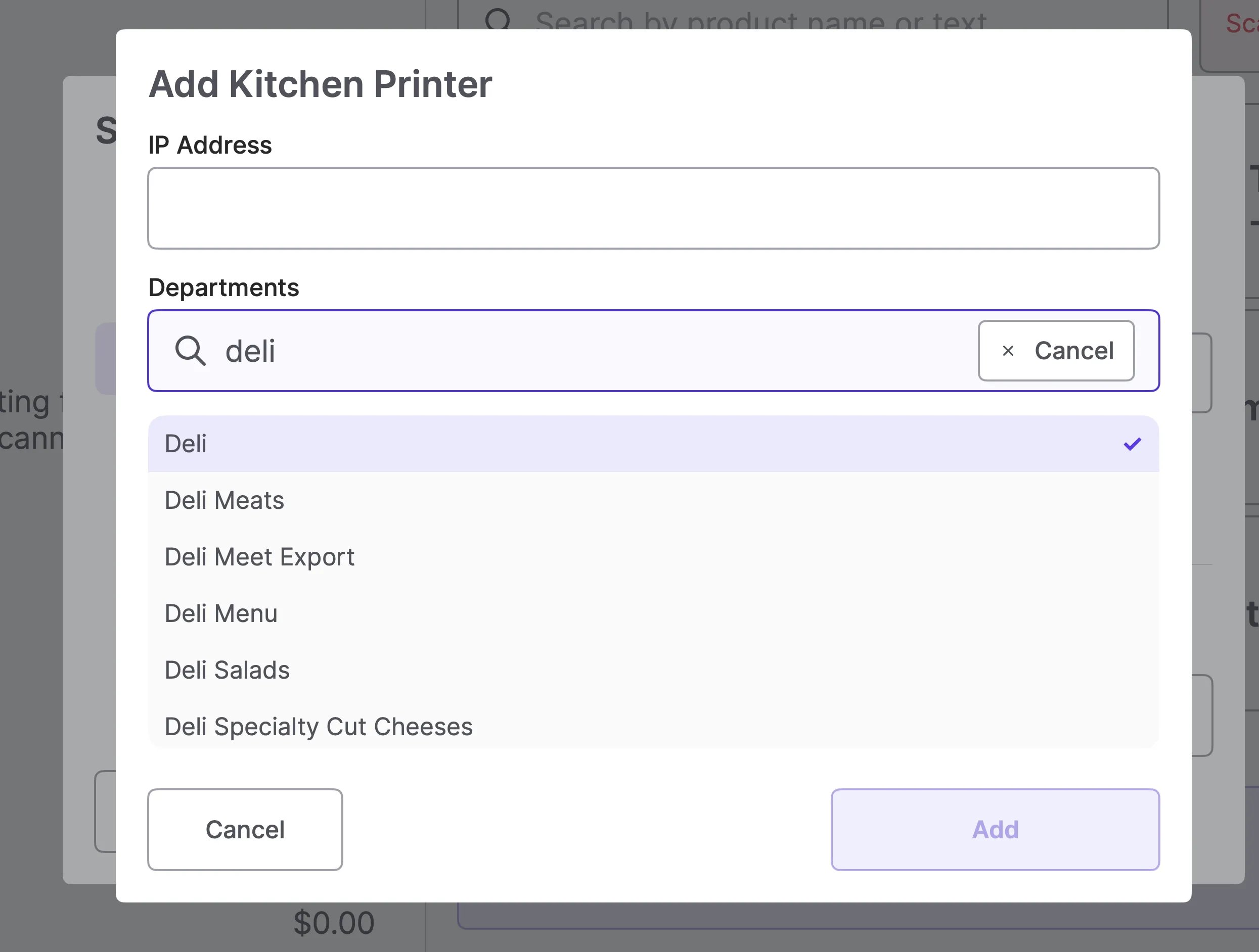 Add Kitchen Printer dialog with IP Address and Departments fields