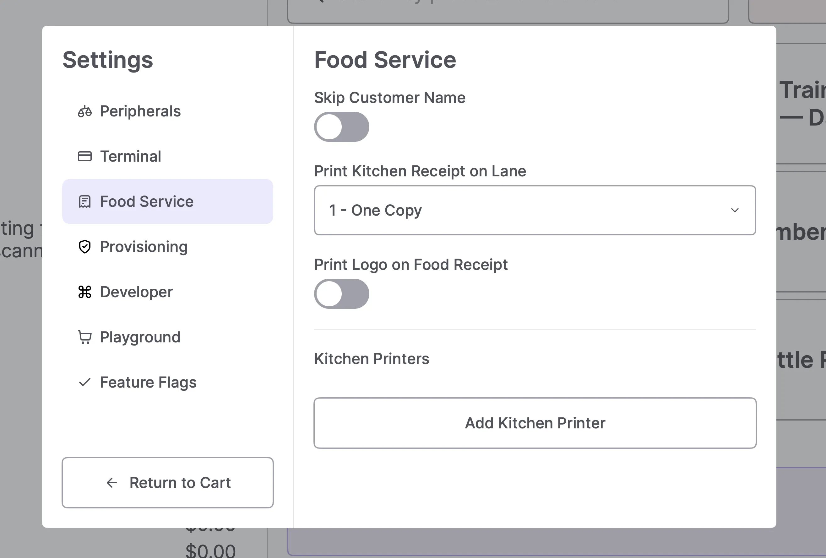 Food Service settings panel with the Add Kitchen Printer button