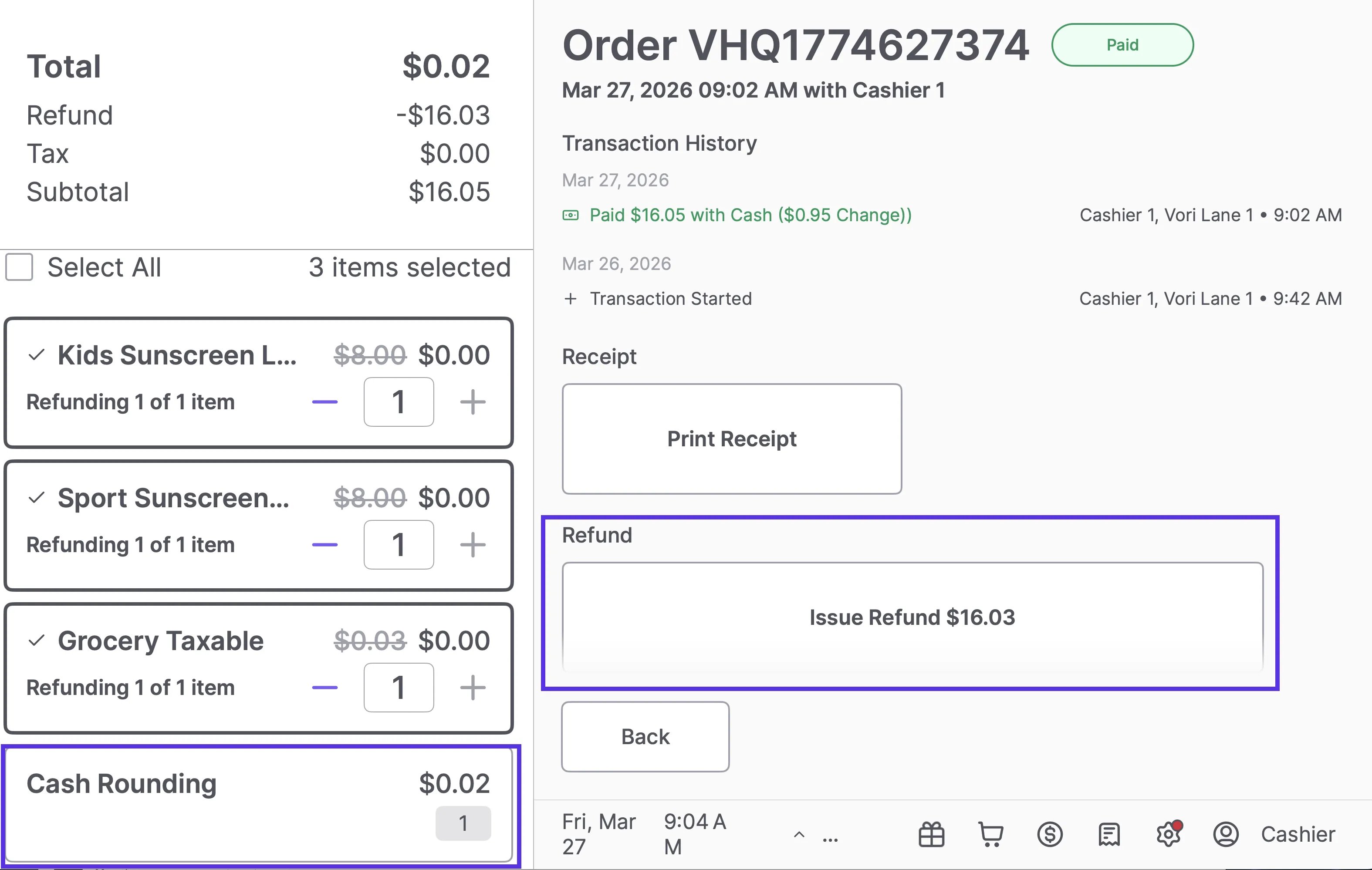 POS refund screen with three items selected and the Cash Rounding line item unchecked, showing an Issue Refund button for $16.03