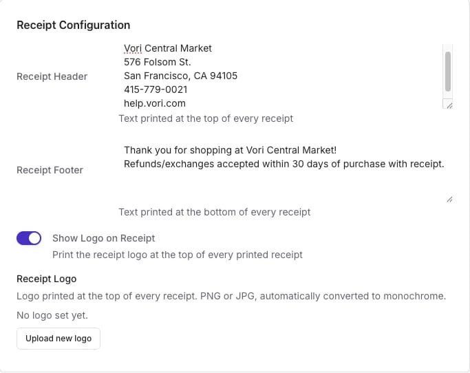 Receipt Configuration settings in POS Settings showing Receipt Header, Receipt Footer, Show Logo on Receipt toggle, and Receipt Logo upload