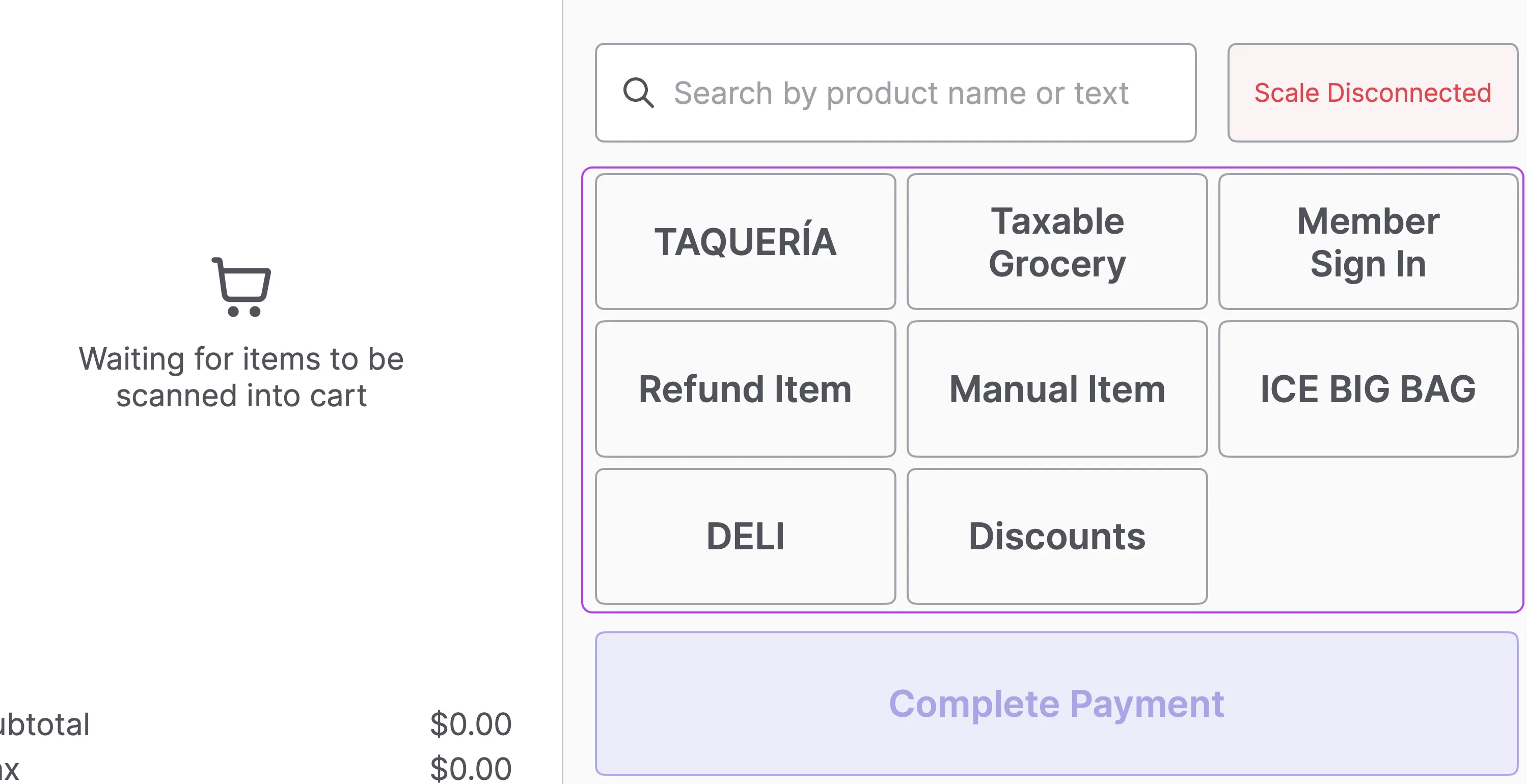 Pantalla de inicio del POS con la cuadrícula de Acciones rápidas resaltada, mostrando botones como TAQUERÍA, Taxable Grocery, Member Sign In, Refund Item, Manual Item, ICE BIG BAG, DELI y Discounts
