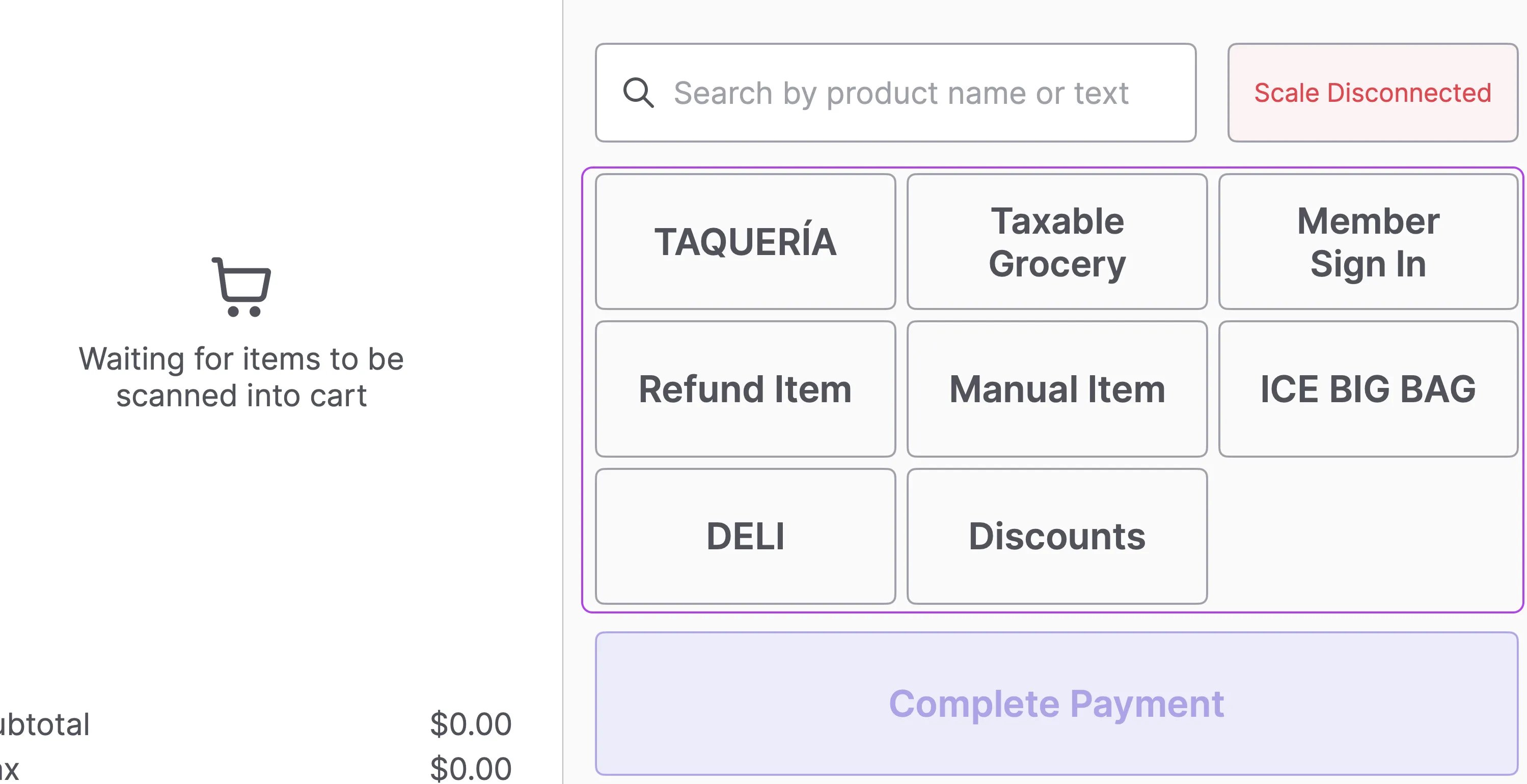 POS home screen with the Quick Actions grid outlined, showing buttons like TAQUERÍA, Taxable Grocery, Member Sign In, Refund Item, Manual Item, ICE BIG BAG, DELI, and Discounts