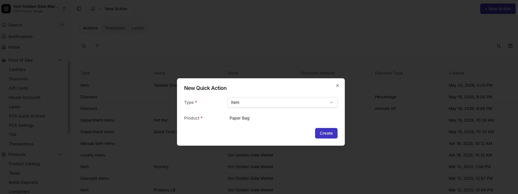 New Quick Action dialog with the Type dropdown set to Item and the Product field set to Paper Bag, with the Create button highlighted