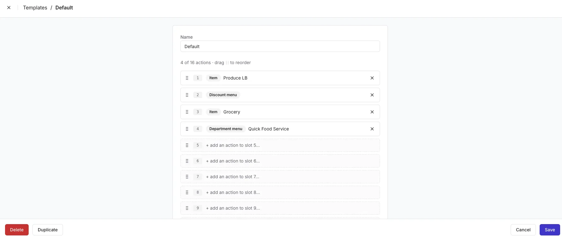 Editor de Plantilla de carril para una plantilla llamada Default, mostrando cuatro acciones ordenadas —Produce LB, Discount menu, Grocery y Quick Food Service— con espacios vacíos debajo y un botón Save