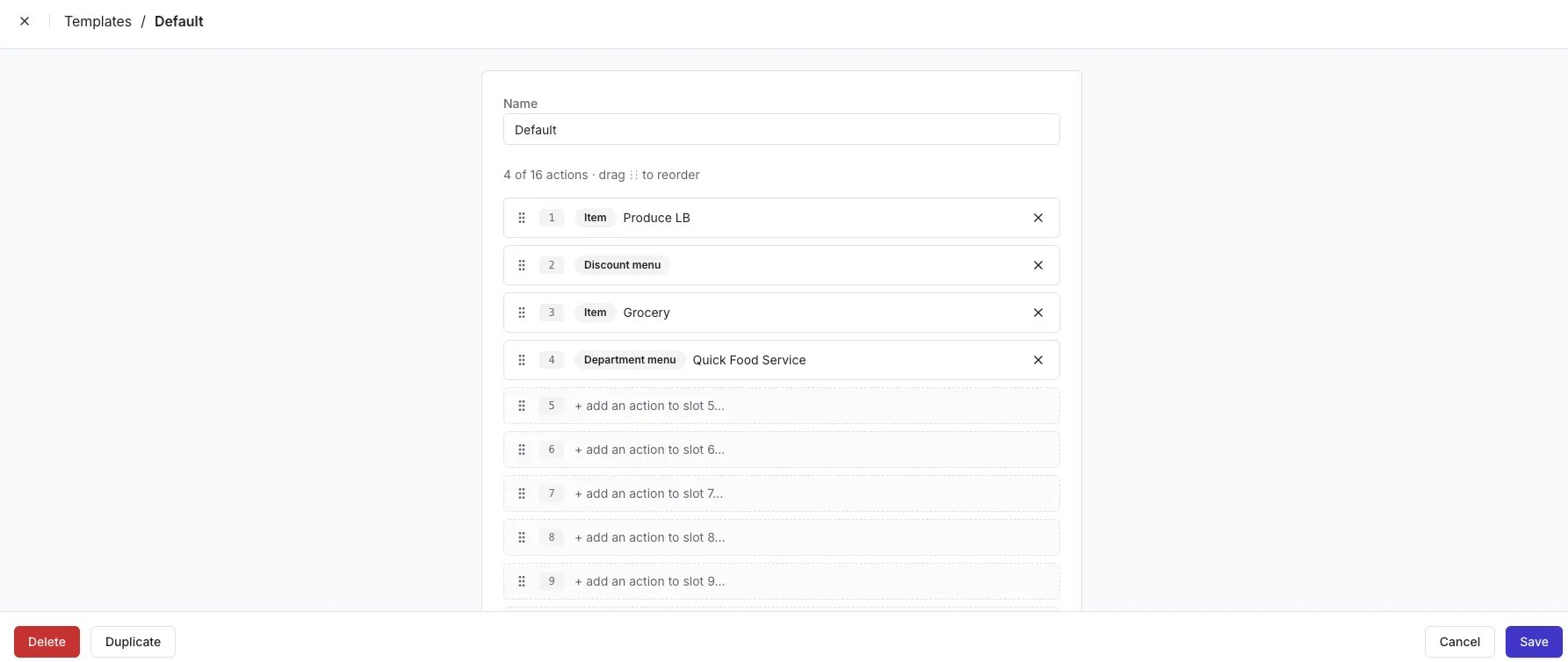 Lane Template editor for a template named Default, showing four ordered actions — Produce LB, Discount menu, Grocery, and Quick Food Service — with empty slots below and a Save button