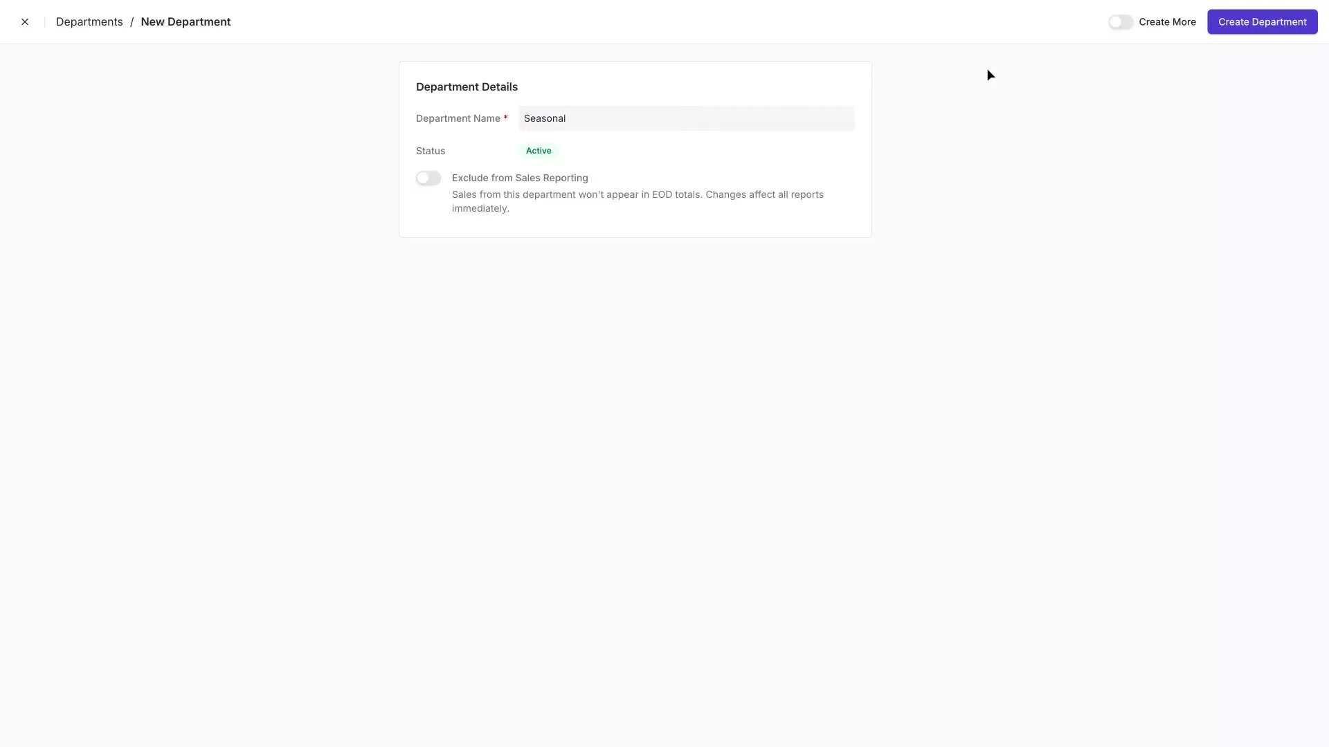 New Department form with Department Name, Status, and Exclude from Sales Reporting fields