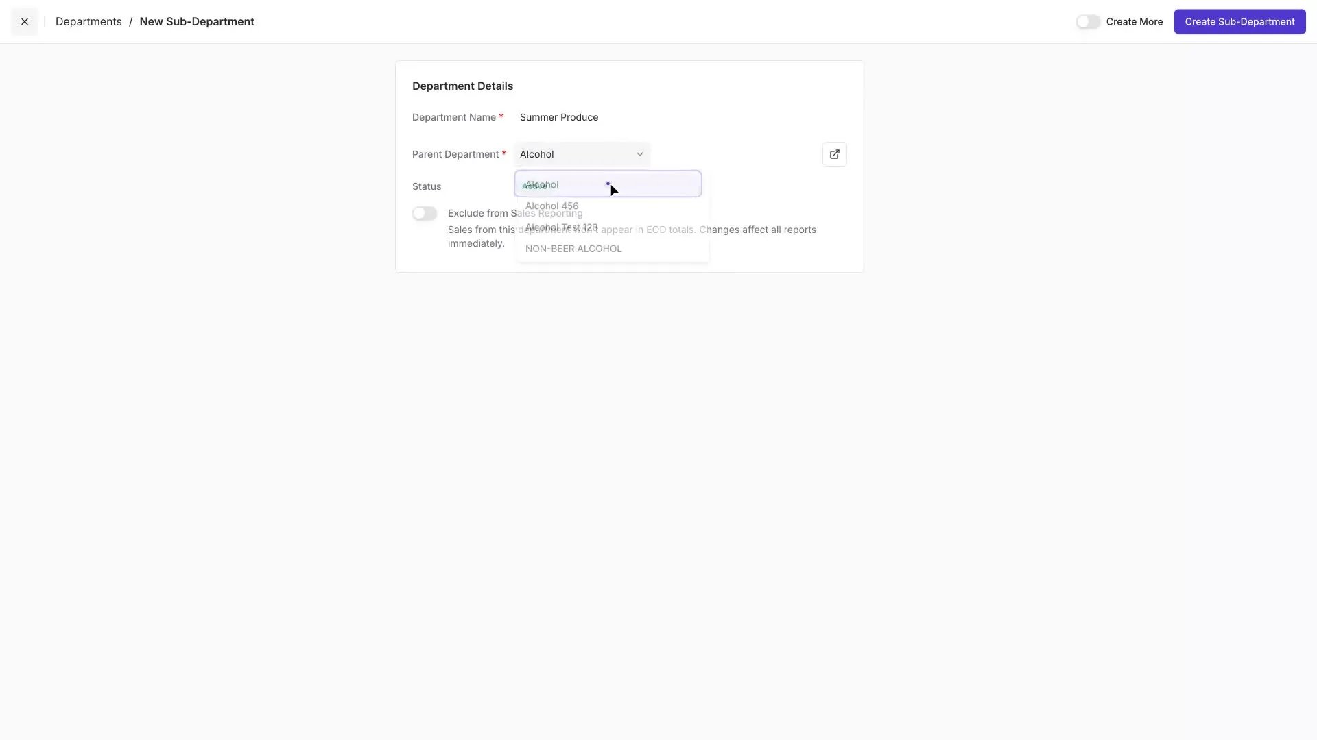 New Sub-Department form with Summer Produce name entered and Produce selected as parent