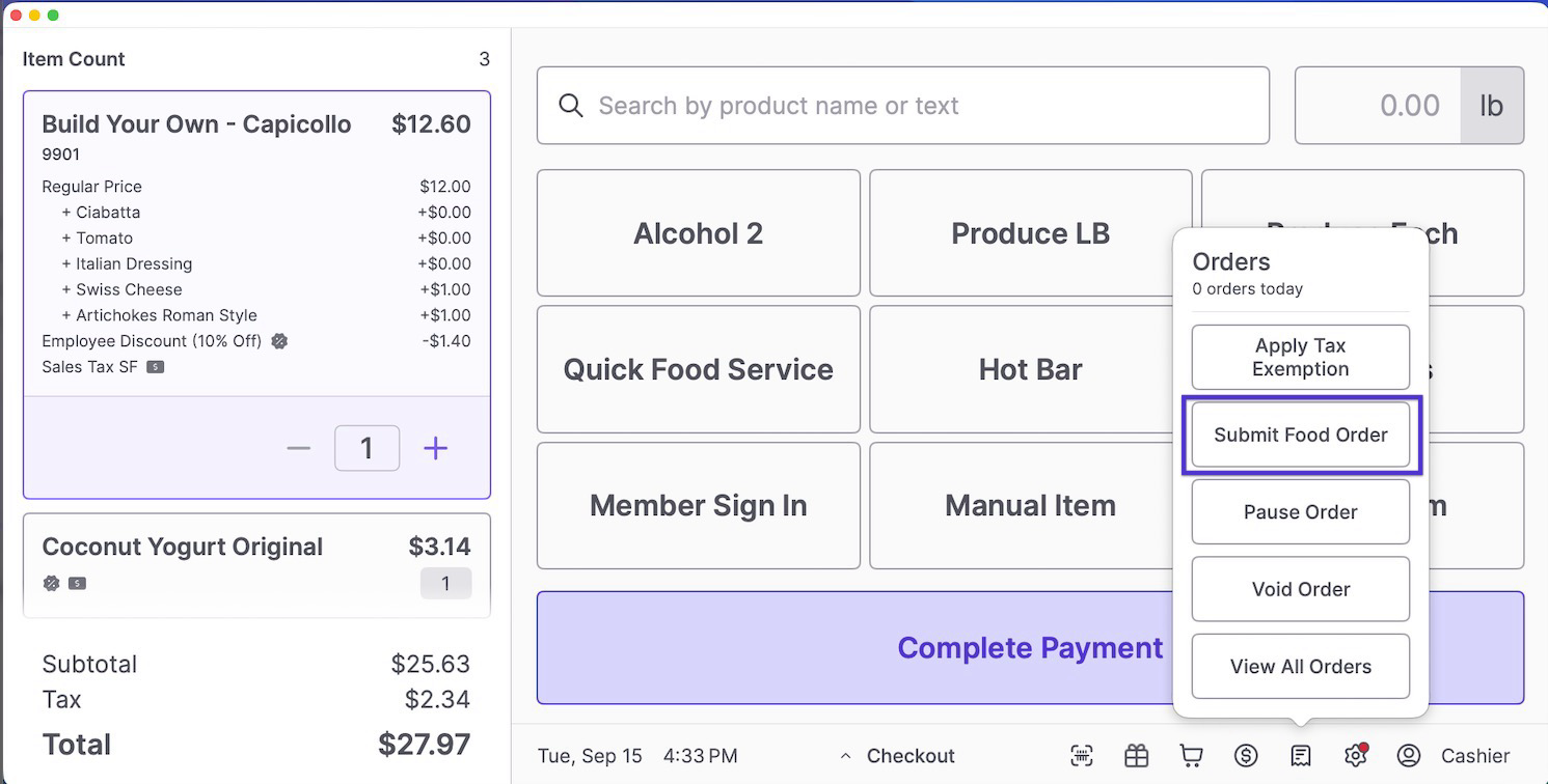 Orders menu on the POS with Submit Food Order highlighted