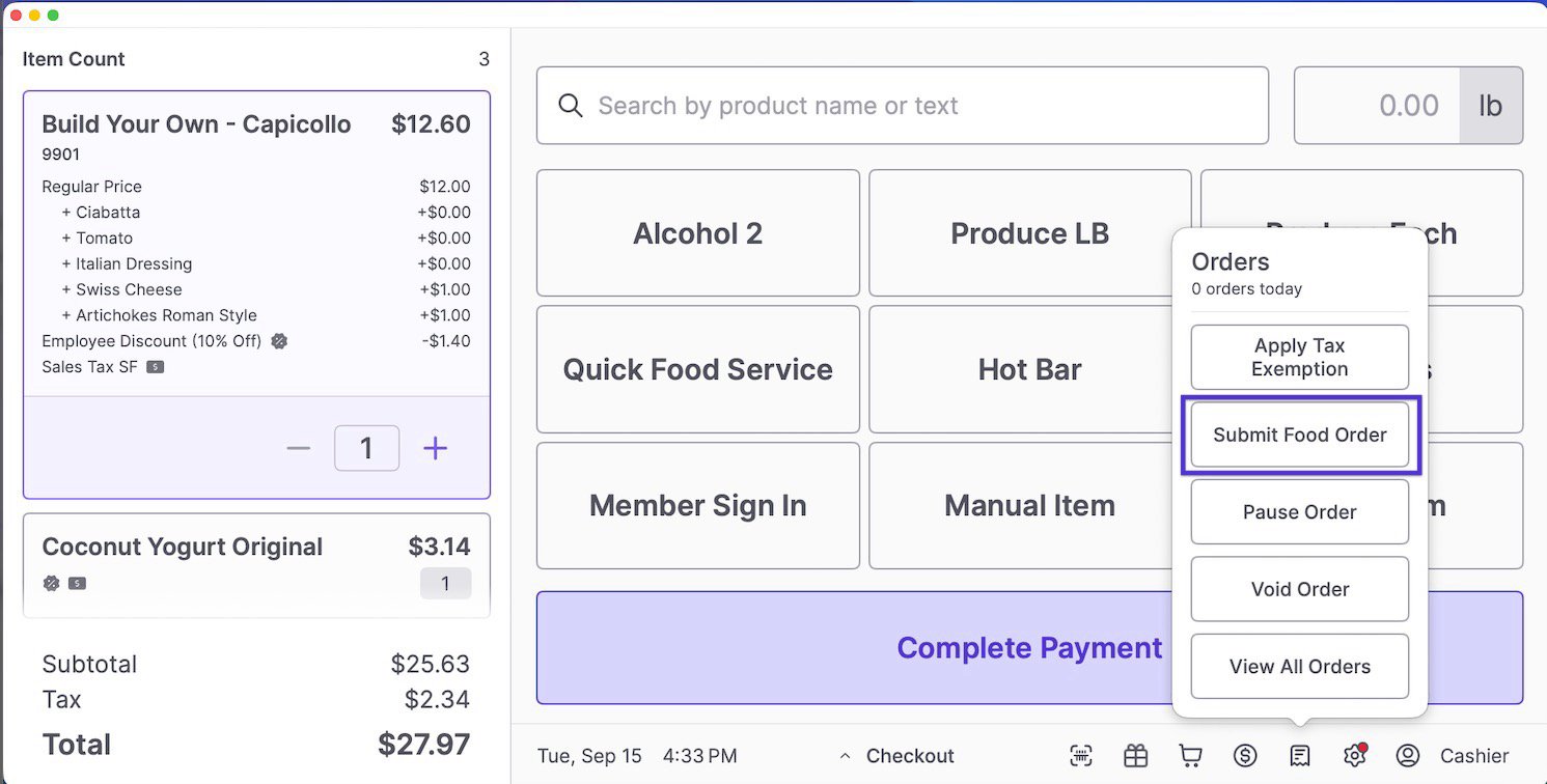 Orders menu on the POS with Submit Food Order highlighted