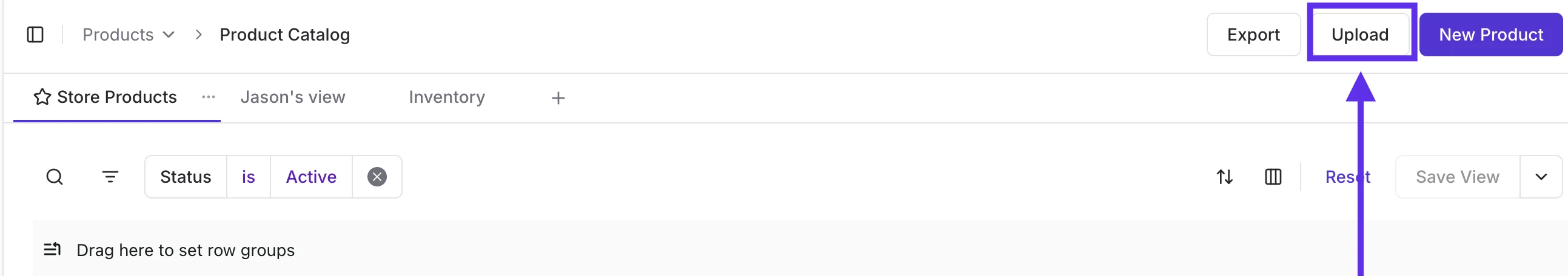Product Catalog page with the Upload button highlighted in the top-right corner
