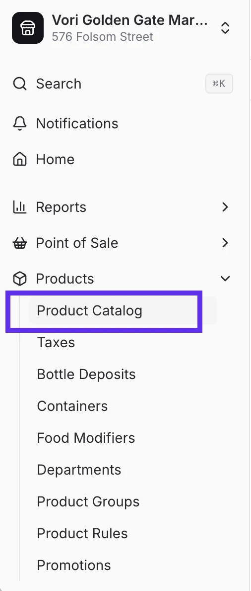 Vori Back Office sidebar with Product Catalog selected under the Products menu
