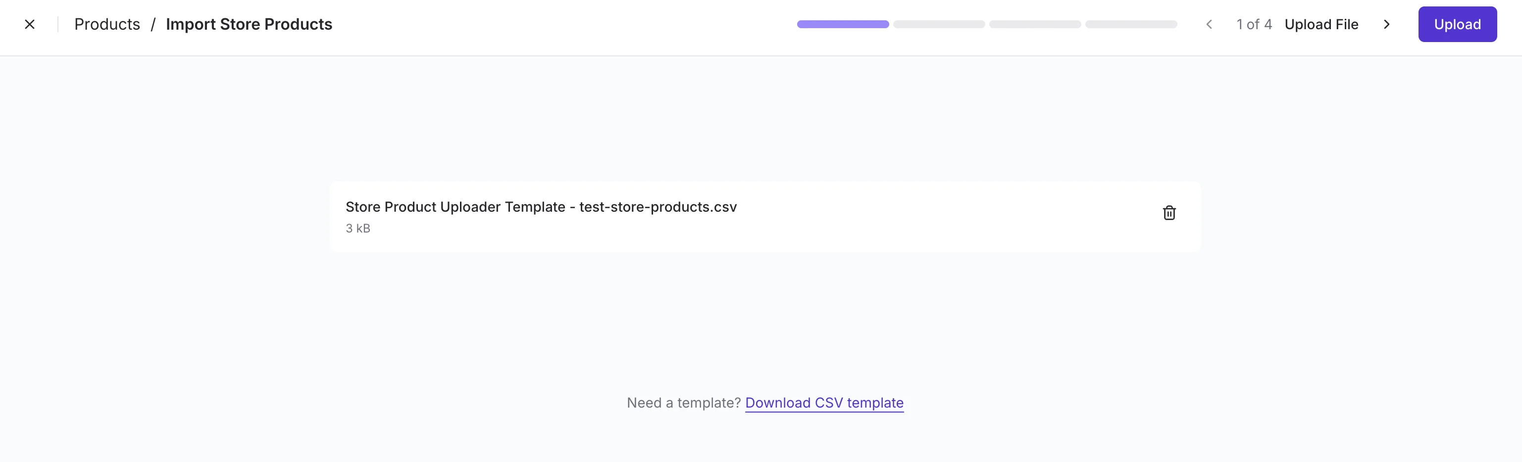 Import Store Products upload screen showing a CSV file ready to upload and the Download CSV template link