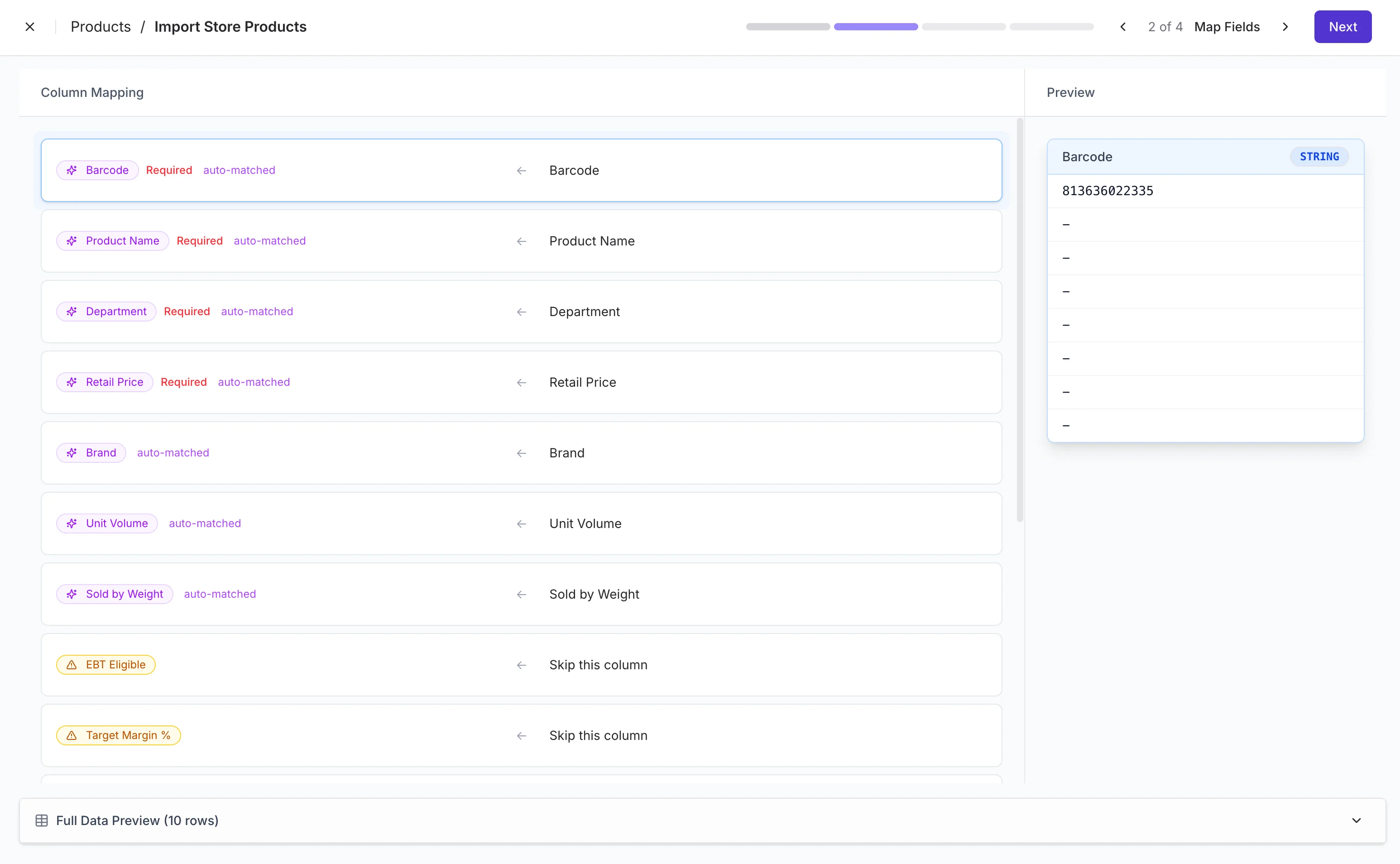 Map Fields step showing CSV columns matched to Back Office fields, with Barcode, Product Name, Department, and Retail Price flagged as required, and a Preview panel on the right