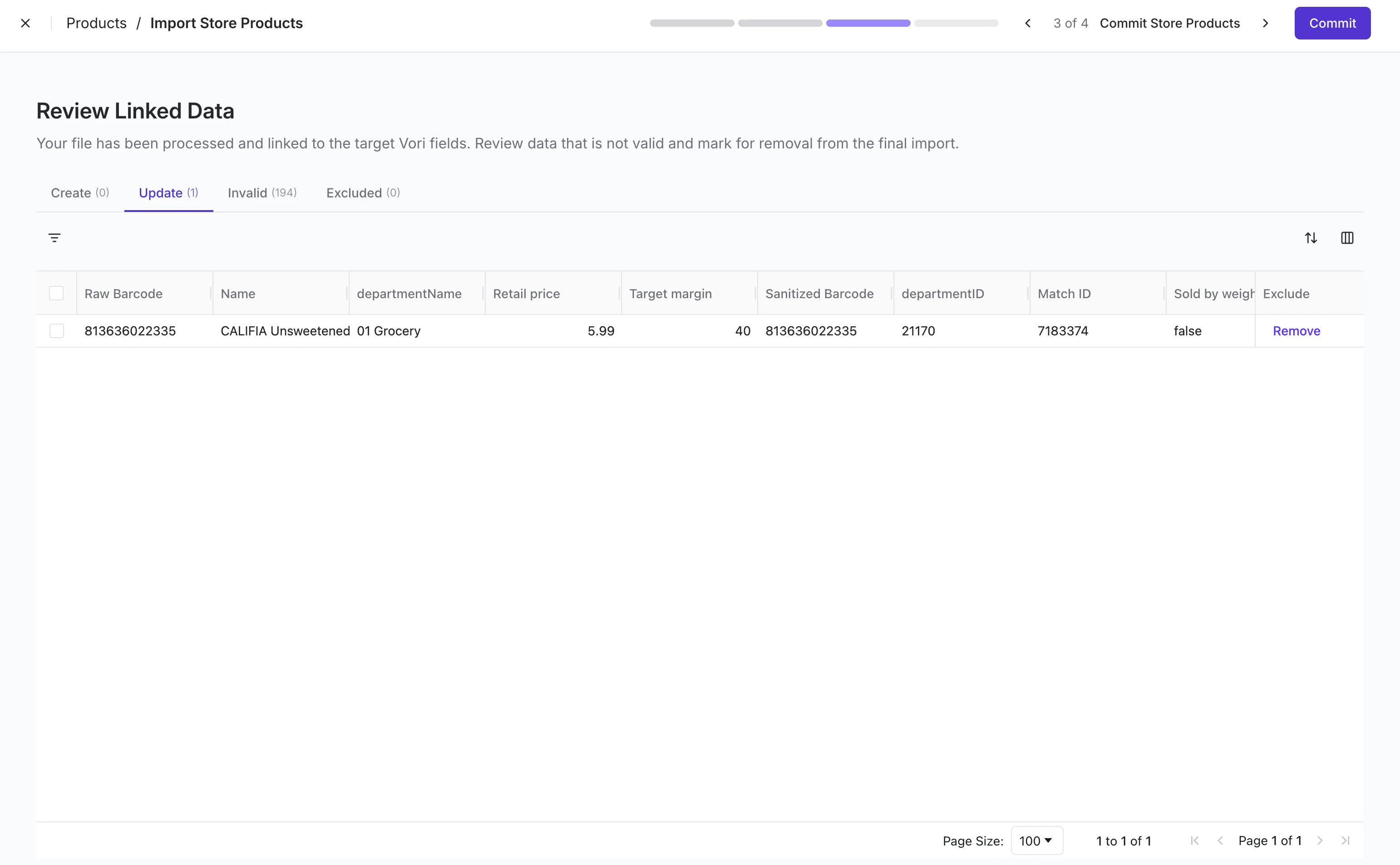 Review Linked Data step with Create, Update, Invalid, and Excluded tabs showing each row sorted before import