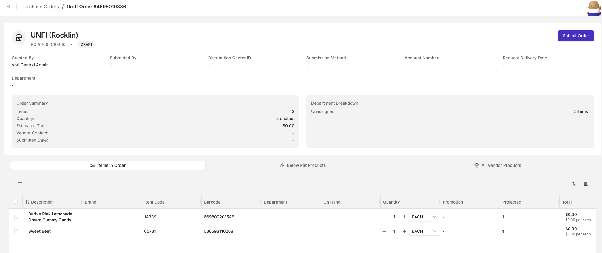 Draft purchase order review screen showing order summary, items, and the Submit Order button