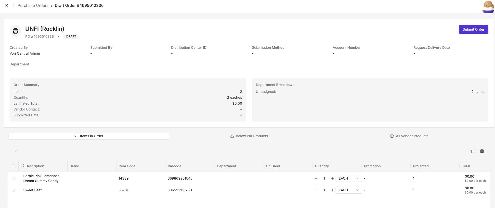 Draft purchase order review screen showing order summary, items, and the Submit Order button