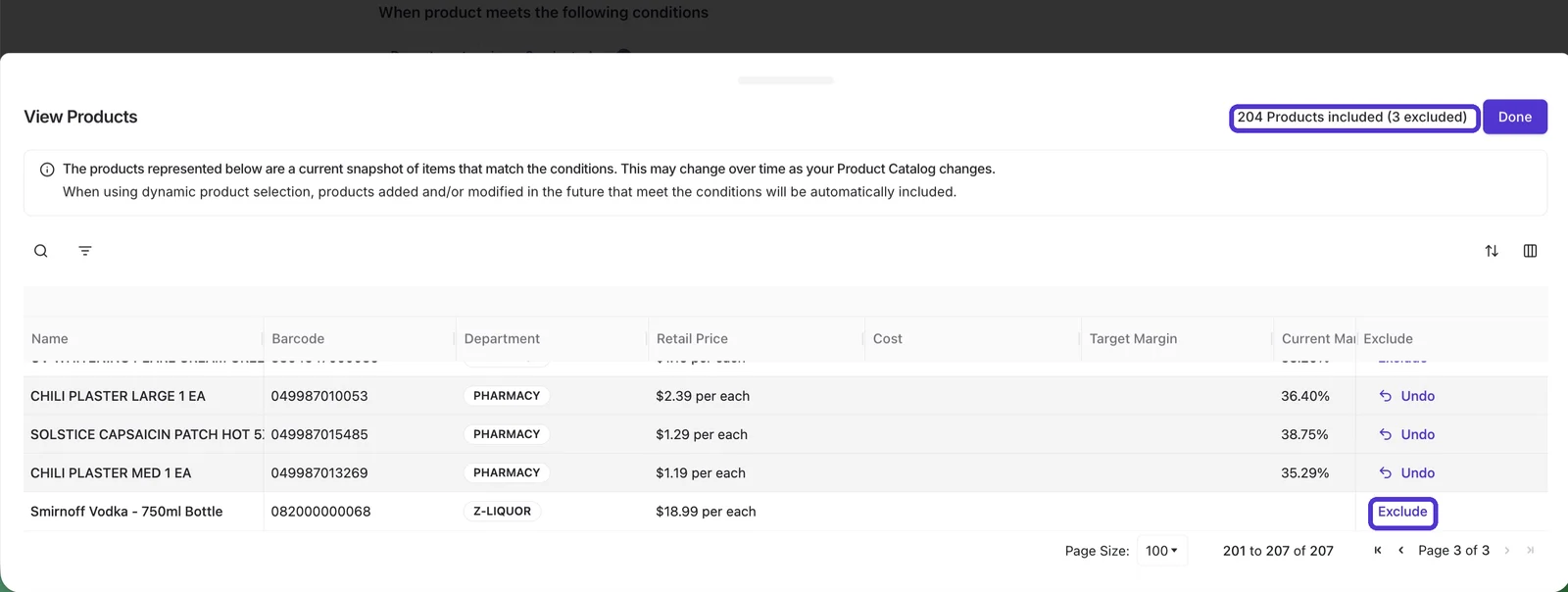 View Products list with the included and excluded product count highlighted and the Exclude link highlighted on a product row