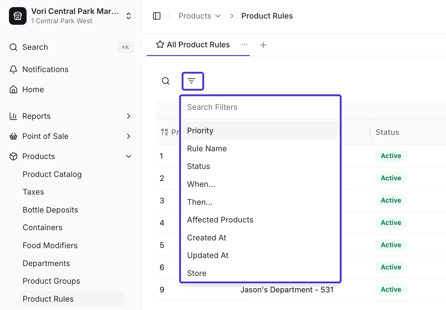 Product Rules filter menu showing the fields you can filter by, including Priority, Rule Name, Status, When, Then, and Affected Products