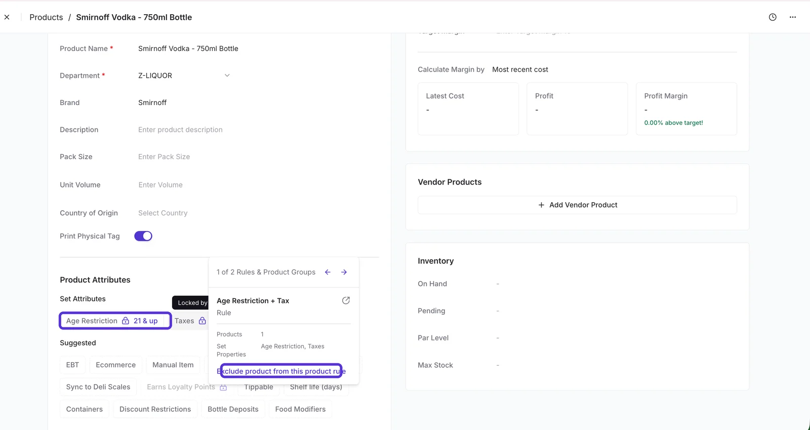 Product detail page with a locked Age Restriction attribute and the Exclude product from this product rule link highlighted