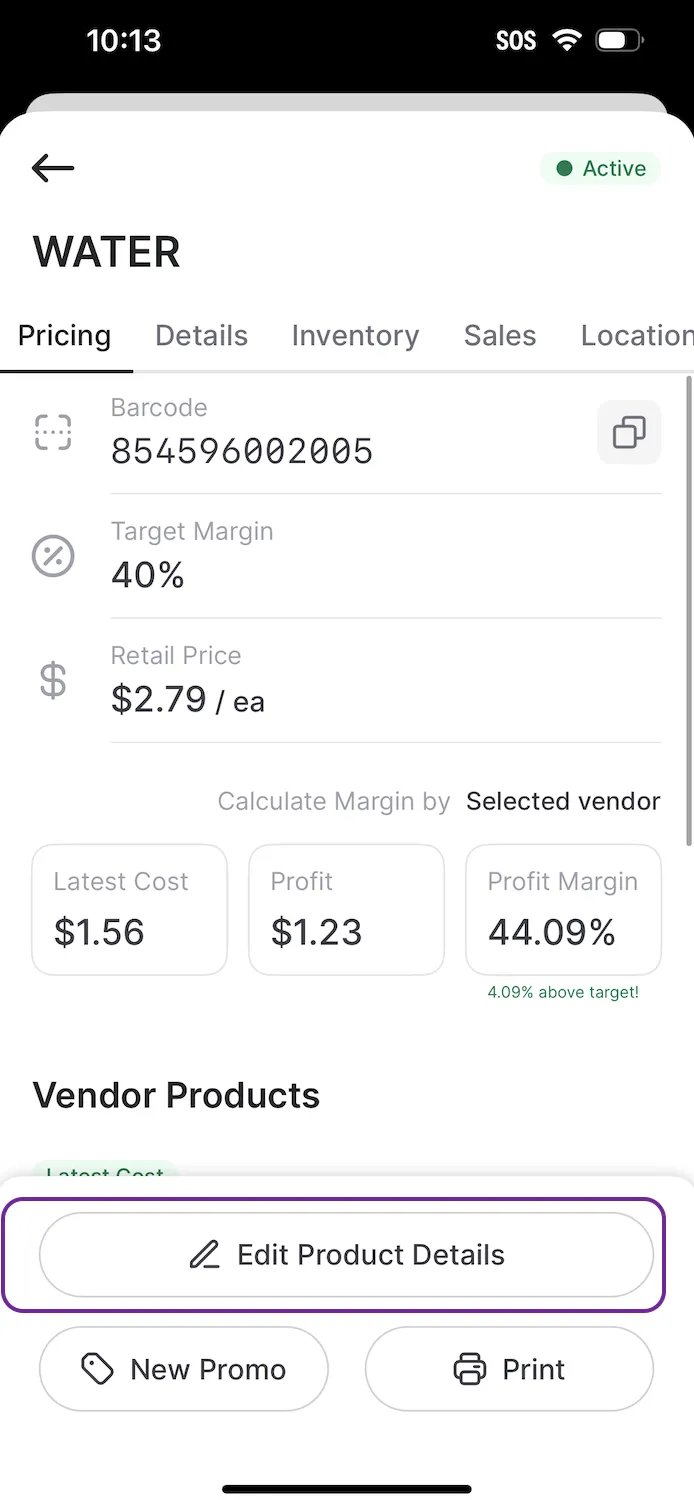 VoriOS product Pricing tab with the Edit Product Details button highlighted