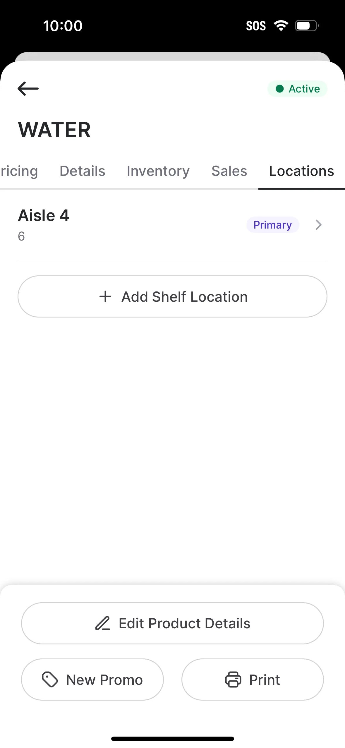 VoriOS Locations tab for a product showing a shelf location marked as Primary and an Add Shelf Location button