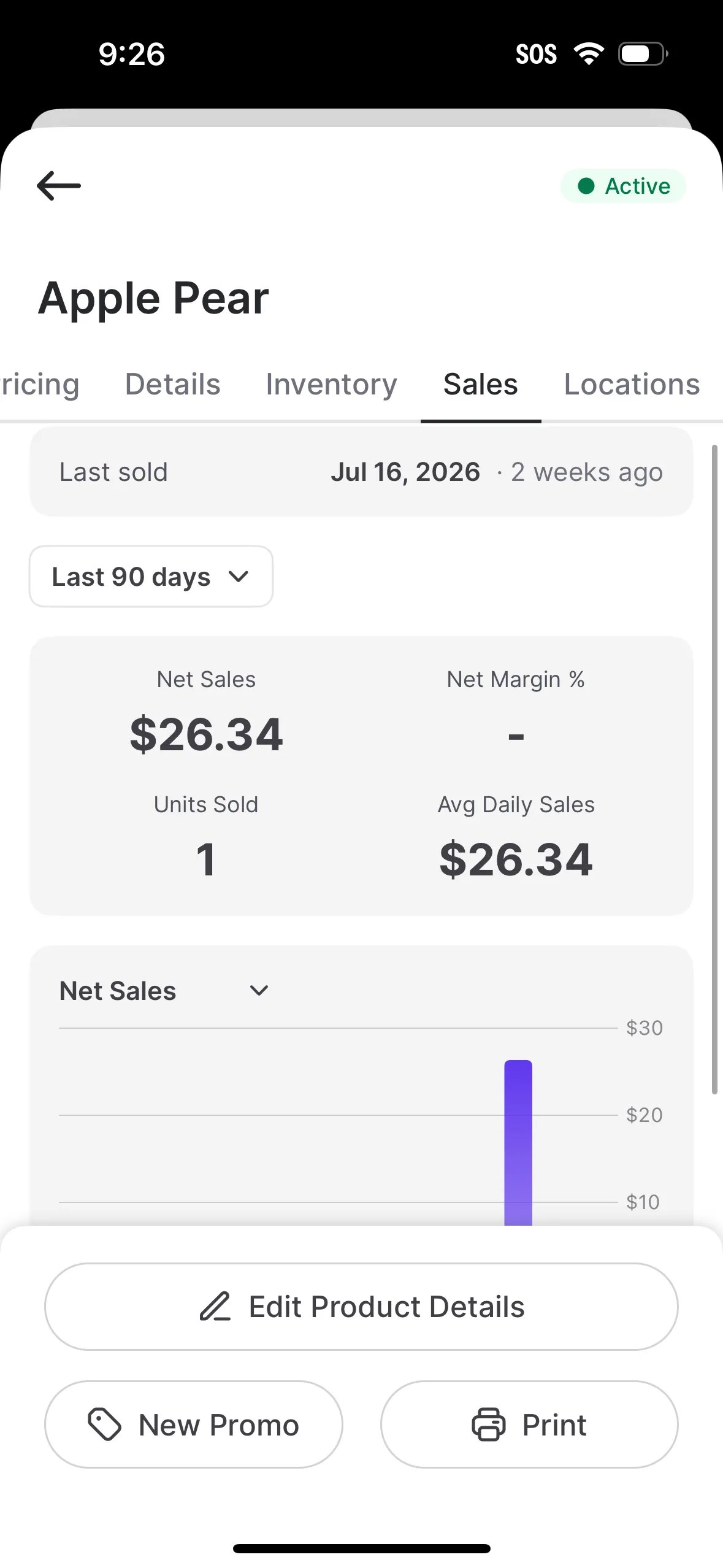 VoriOS Sales tab for a product showing net sales, units sold, average daily sales, and a net sales chart