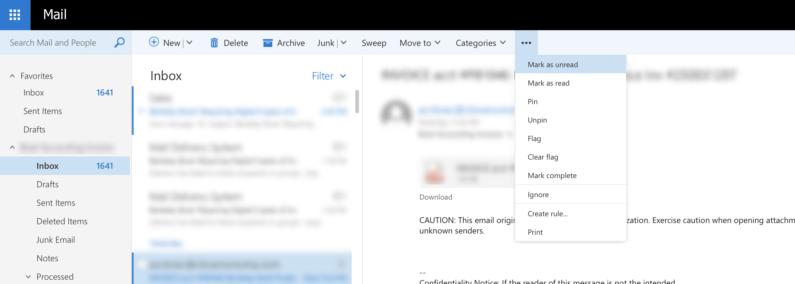 Outlook top navigation bar with the more-options menu open