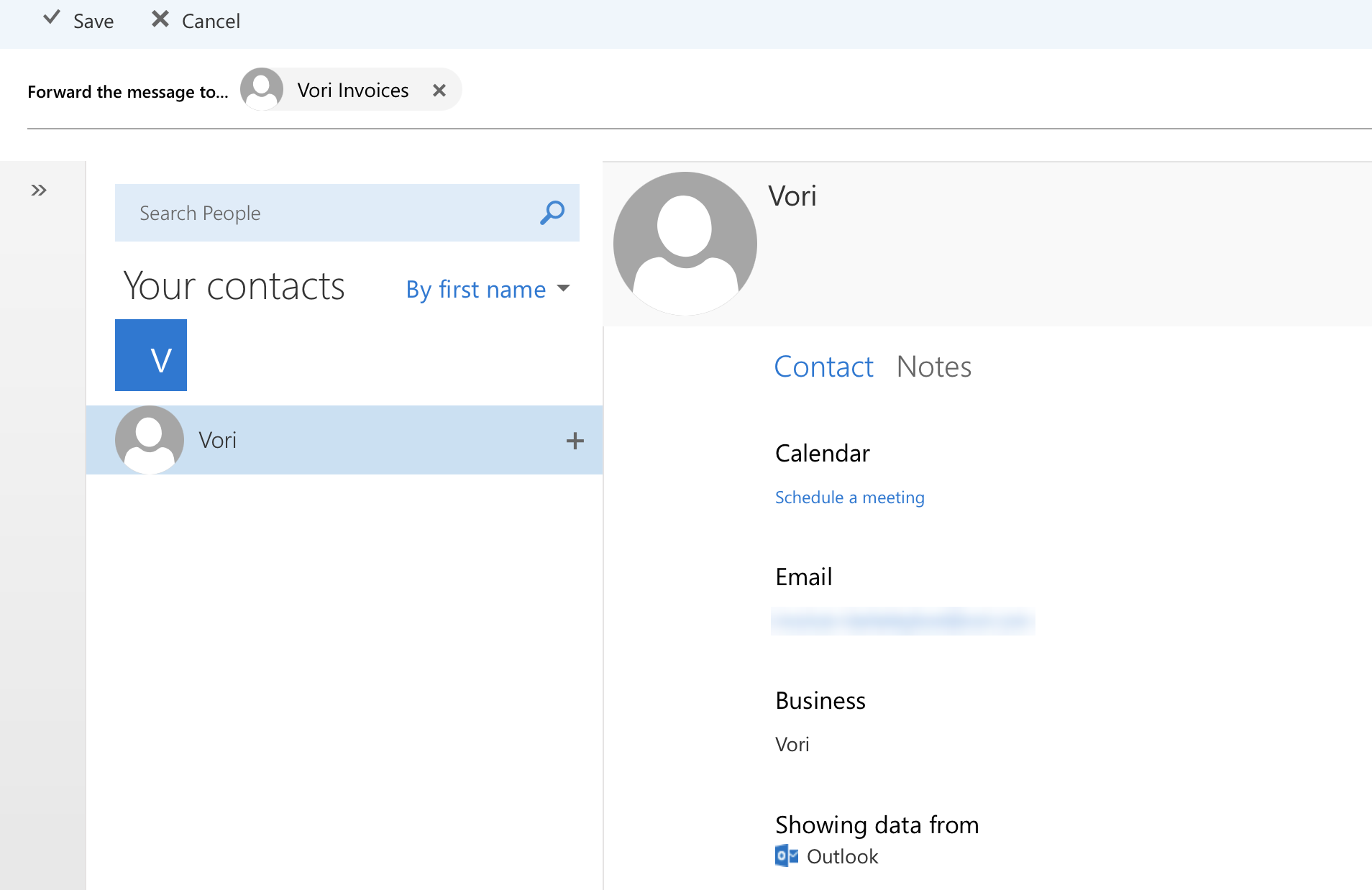 Inbox rule showing the Vori invoice inbox set as the forward recipient