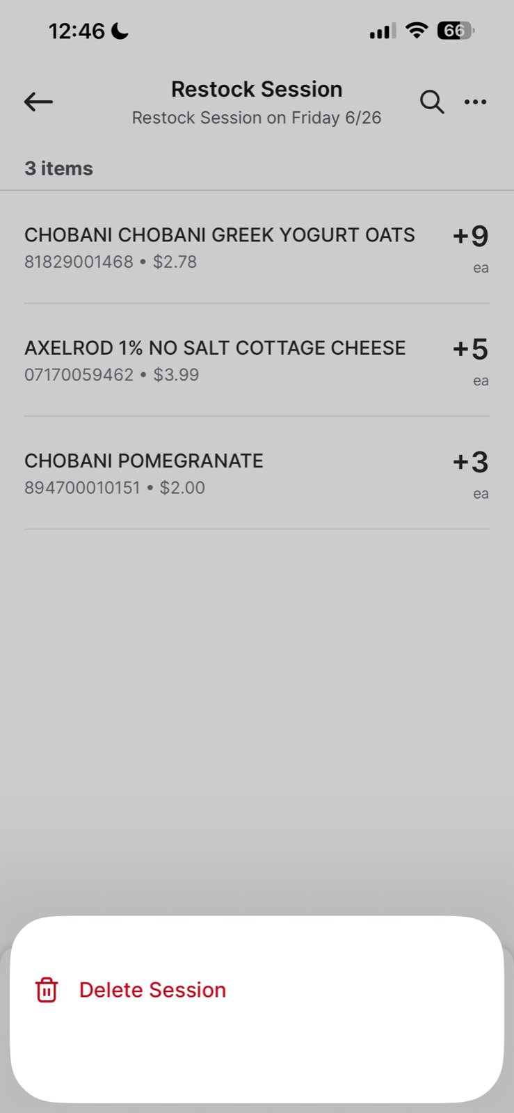 Active restock session showing three items with their quantity changes