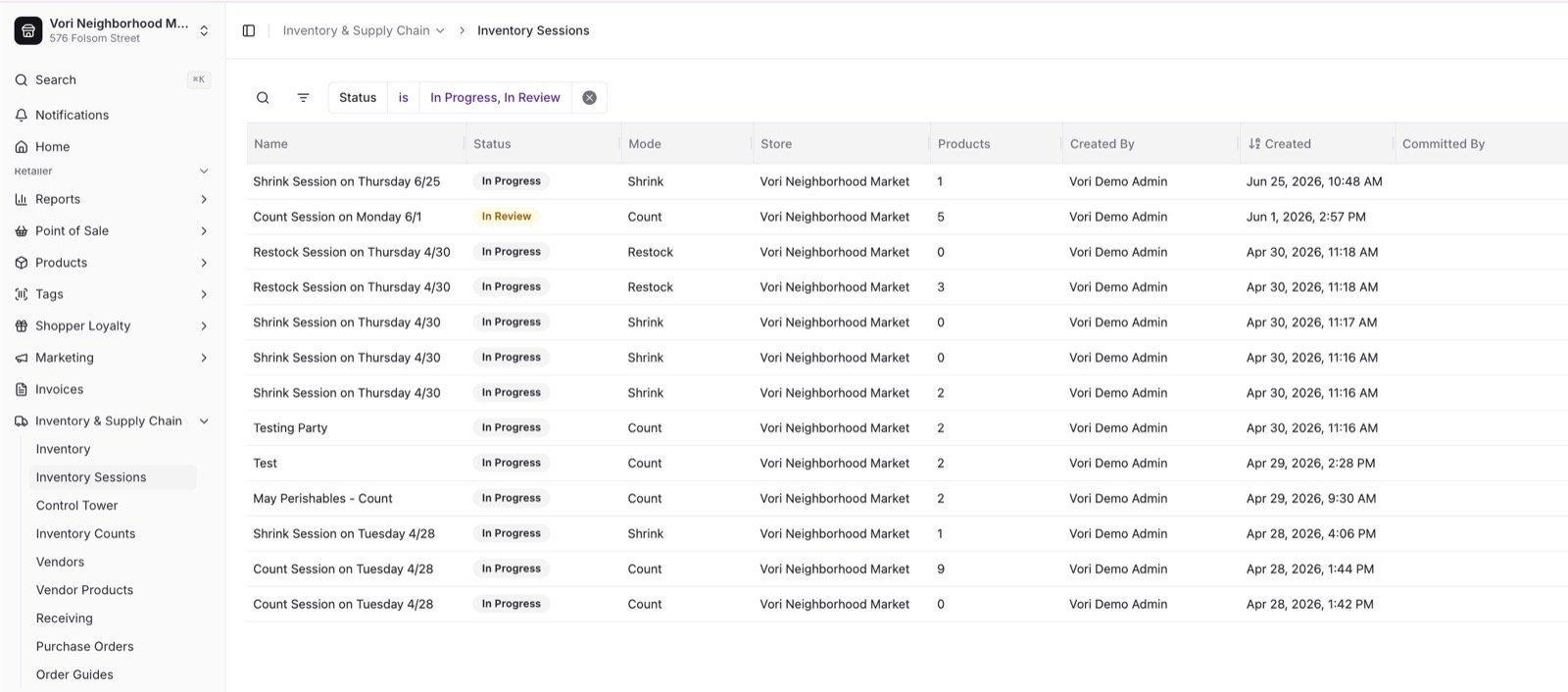 Back Office Inventory Sessions list showing sessions with their status, mode, store, and item counts