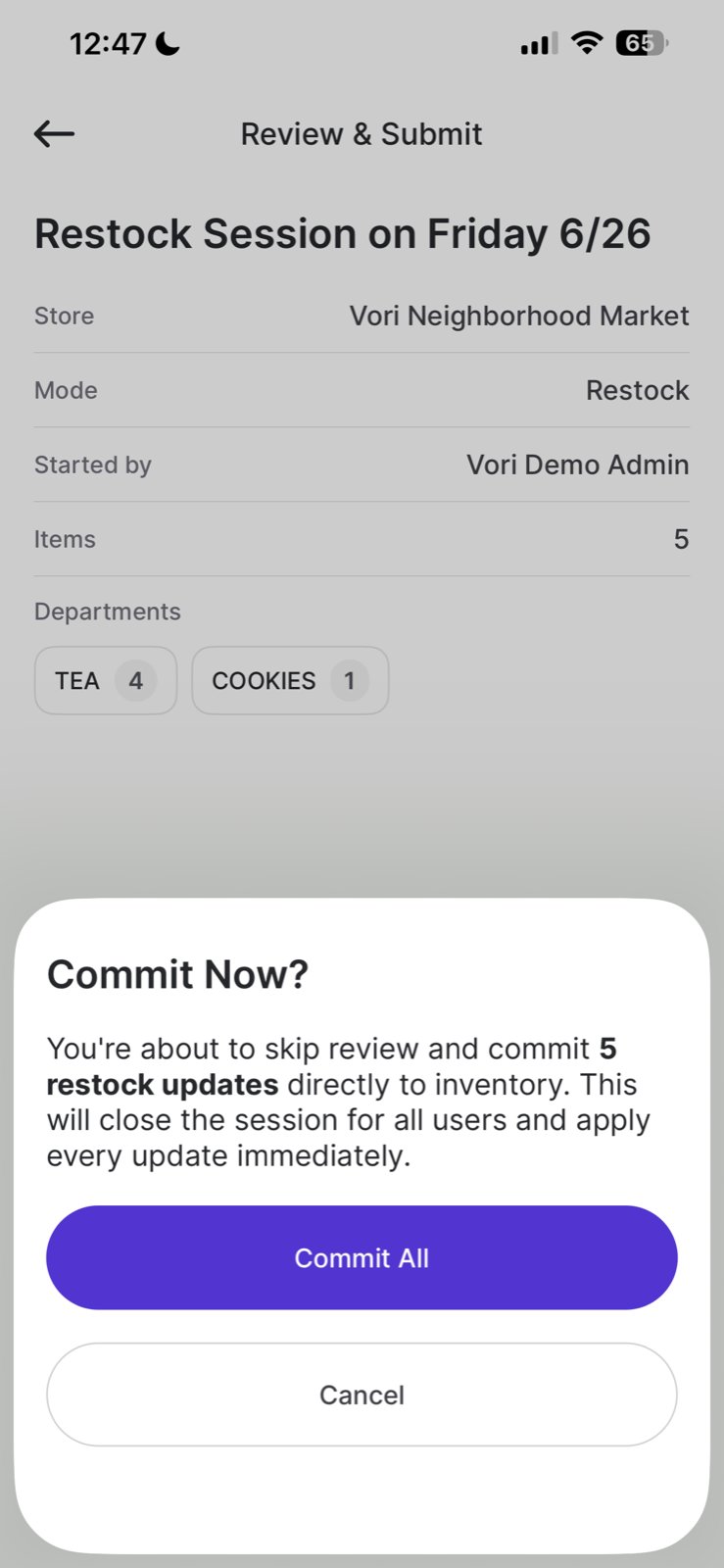 Commit Now confirmation modal explaining that all updates will be applied immediately
