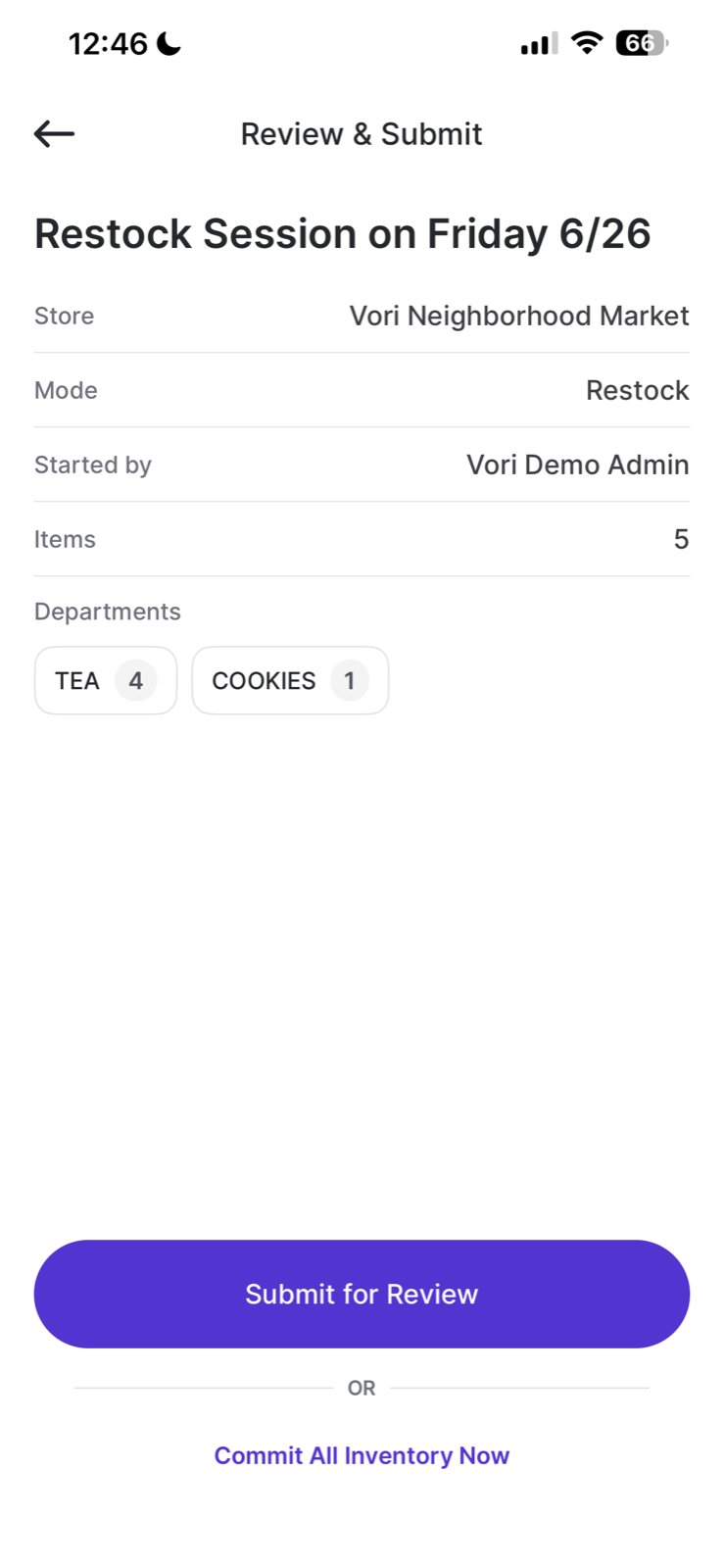 Review and Submit screen showing session summary with mode, store, started by, item count, and departments