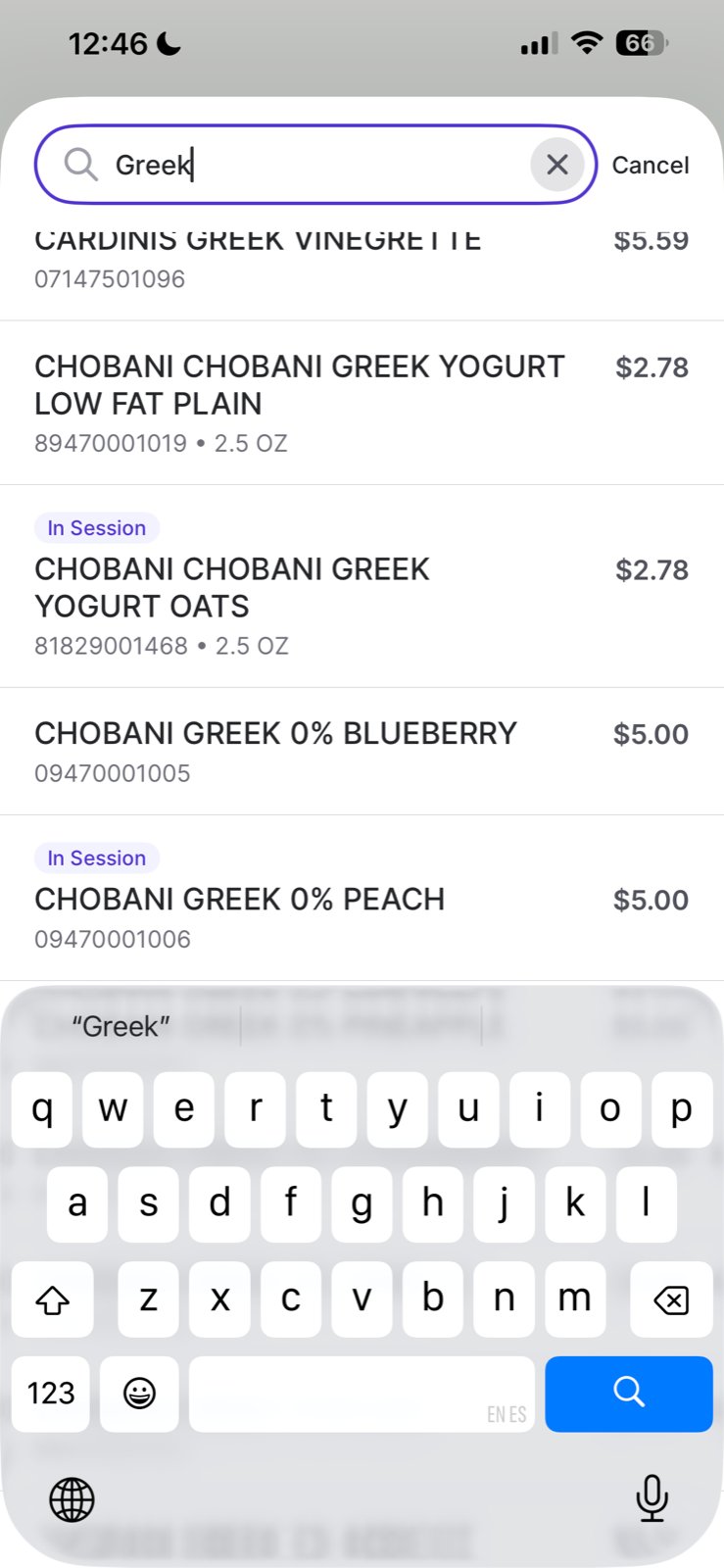 Search screen showing results for "Greek" with In Session badges on items already added to the session