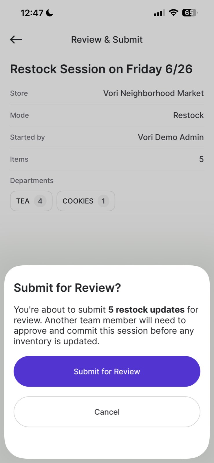 Submit for Review confirmation modal explaining that a team member must approve before inventory is updated