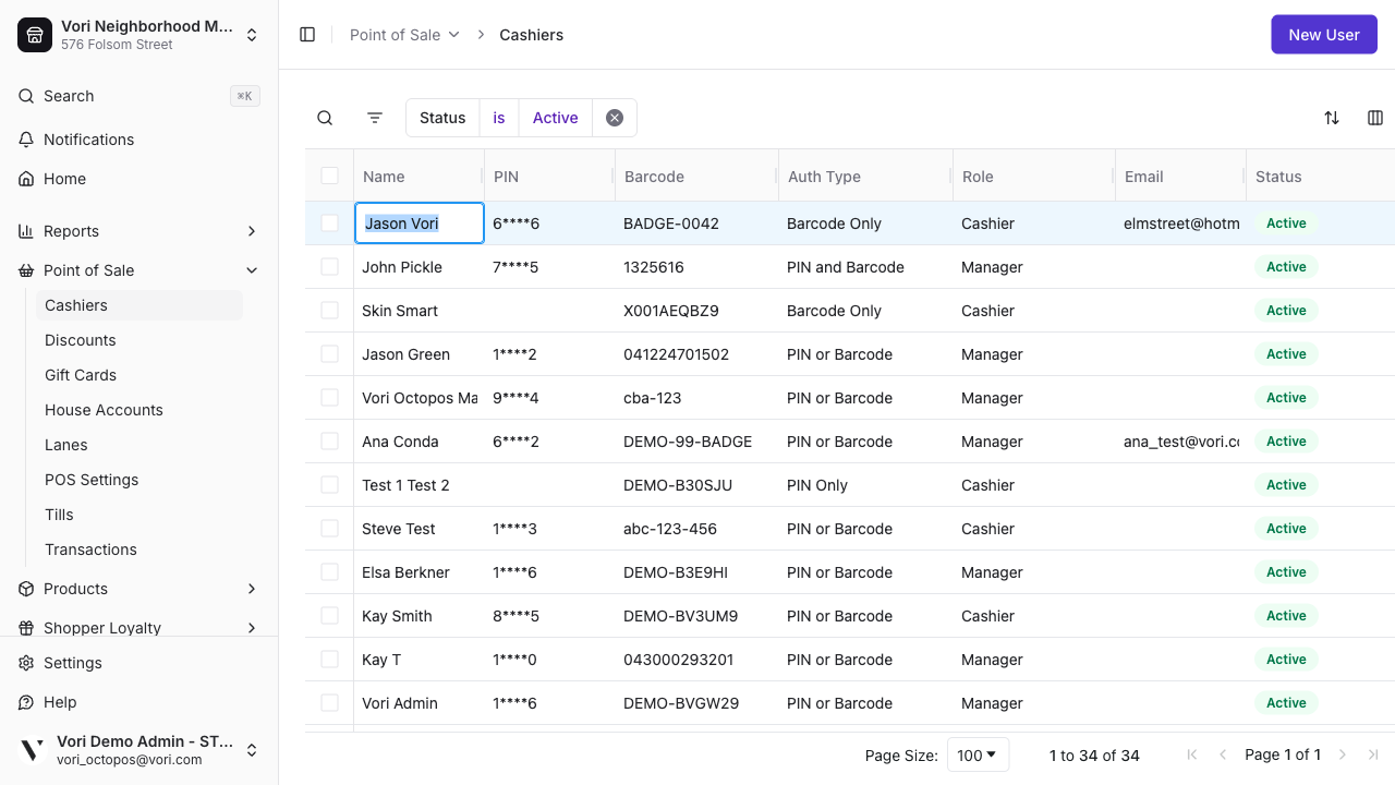 Cashiers grid showing all employees with Name, PIN, Barcode, Auth Type, Role, and Status columns